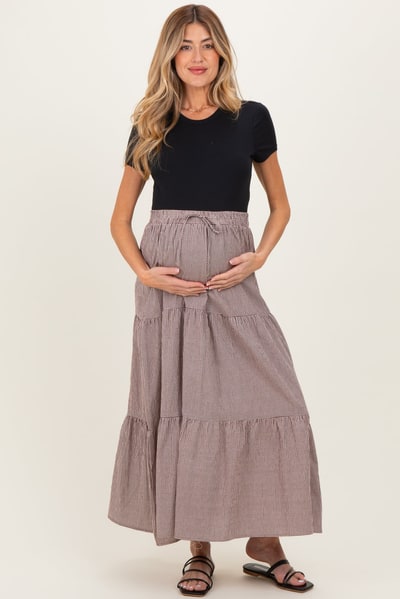 PinkBlush Brown Gingham Tiered Maternity Maxi Skirt