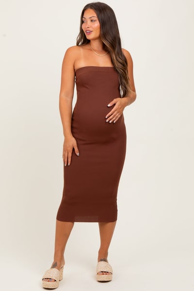 PinkBlush Brown Fitted Tube Knit Maternity Midi Dress