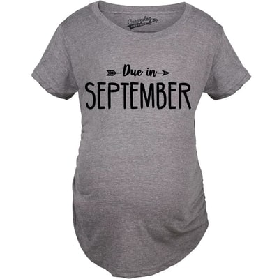 Target Maternity Due In September Funny Pregnancy T-Shirt Announcement Month Tee - Crazy Dog Maternity T Shirt with Fun Design Dark Grey S
