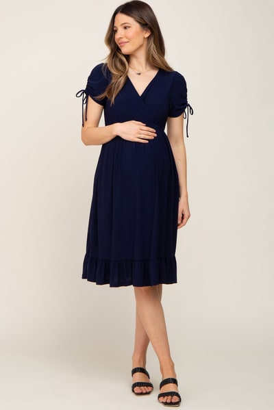 PinkBlush Navy Cinched Sleeve Maternity Midi Dress