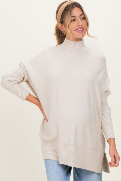 PinkBlush Cream Mock Neck Oversized Sir Slit Maternity Sweater Top