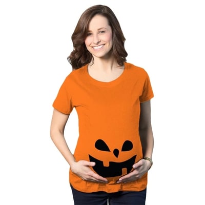 Target Maternity Teardrop Eyes Pumpkin Face Halloween Pregnancy Announcement T Shirt - Crazy Dog Maternity T Shirt For Halloween Season Orange S