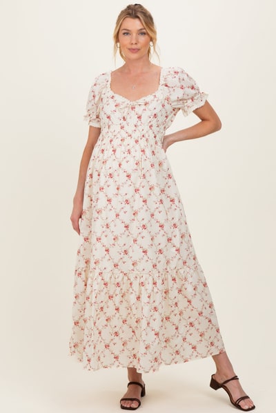 PinkBlush Red Floral Smocked Maternity Maxi Dress