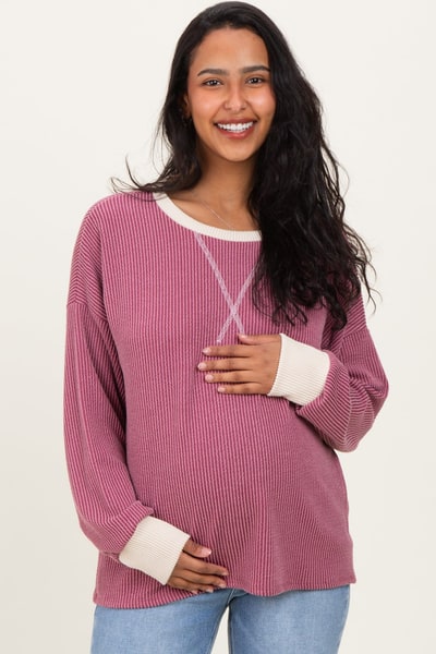 PinkBlush Burgundy Textured Rib Relaxed Fit Maternity Pullover Top