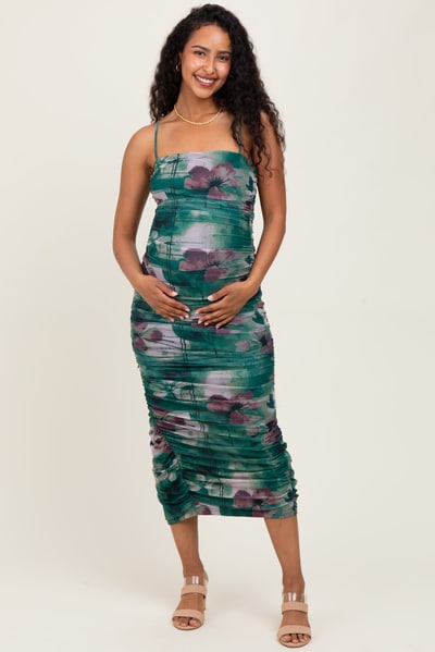 PinkBlush Forest Green Floral Mesh Ruched Sleeveless Maternity Midi Dress