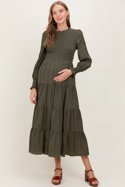 PinkBlush Olive Swiss Dot Smocked Tiered Maternity Maxi Dress