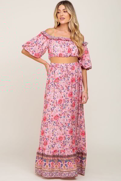 PinkBlush Pink Floral Off Shoulder Maternity Maxi Skirt Set