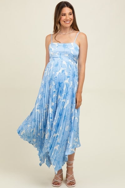 PinkBlush Blue Floral Woven Pleat Skirt Maternity Maxi Dress