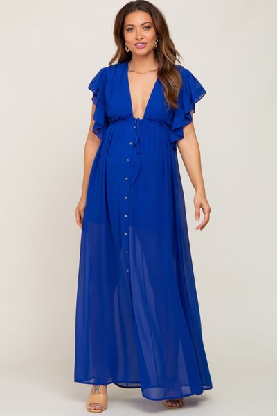 PinkBlush Royal Blue Flounce Button Front Maternity Maxi Dress