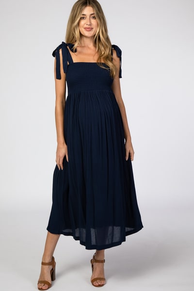 PinkBlush Navy Blue Smocked Tie Strap Maternity Midi Dress