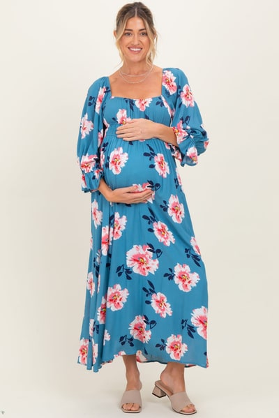 PinkBlush Light Blue Floral Long Sleeve Square Neck Smocked Maternity Maxi Dress
