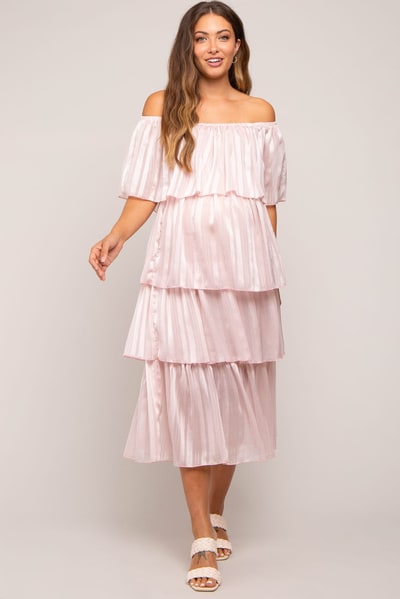 PinkBlush Light Pink Striped Layered Maternity Midi Dress