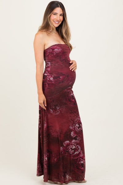 PinkBlush Burgundy Floral Strapless Maternity Maxi Dress