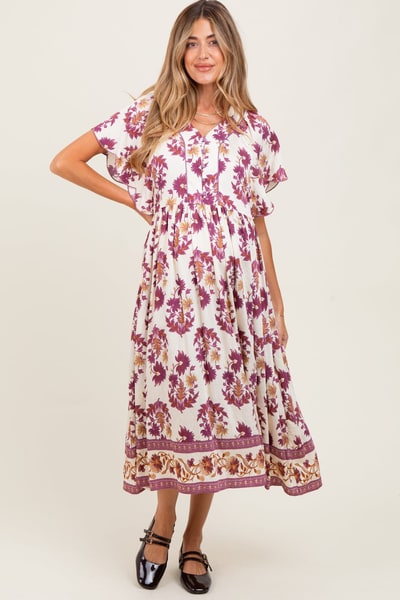 PinkBlush Plum Floral V-Neck Button Detail Maternity Mid Dress