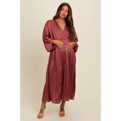 Target PinkBlush Mauve Satin Pleated V-Neck Maternity Maxi Dress Mauve Medium