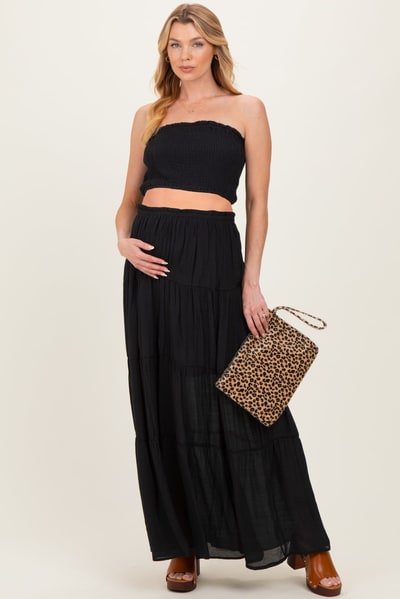 PinkBlush Black Smocked Tube Top Tiered Skirt Maternity Set