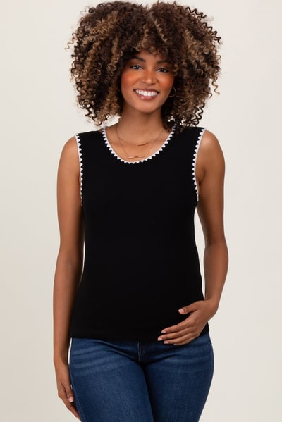 PinkBlush Black Ribbed Contrast Embroidered Sleeveless Maternity Top