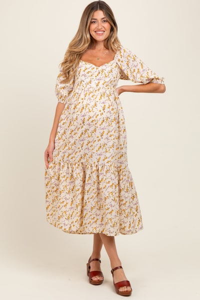 PinkBlush Cream Floral Sweetheart Puff Sleeve Maternity Midi Dress