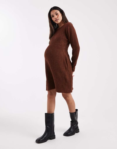 ASOS Mamalicious Maternity rib knit fit and flare mini dress in brown