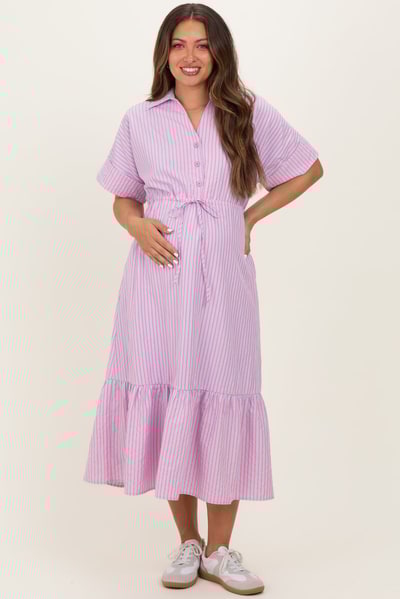 PinkBlush Pink Striped Button Collared Maternity Midi Dress
