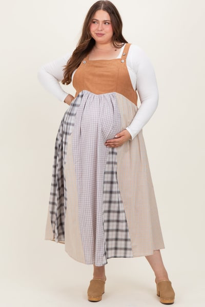 PinkBlush Mocha Multicolor Colorblock Plaid Denim Overall Plus Maternity Dress