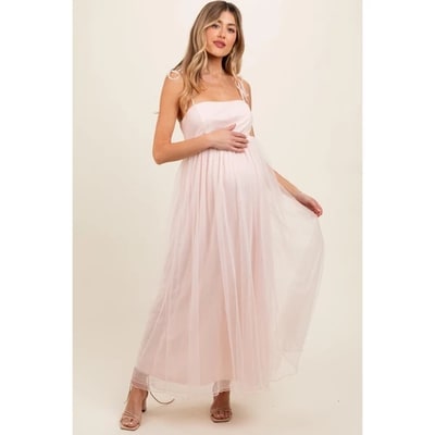 Target Pinkblush Light Pink Square Neck Shoulder Tie Tulle Maternity Maxi Dress Medium