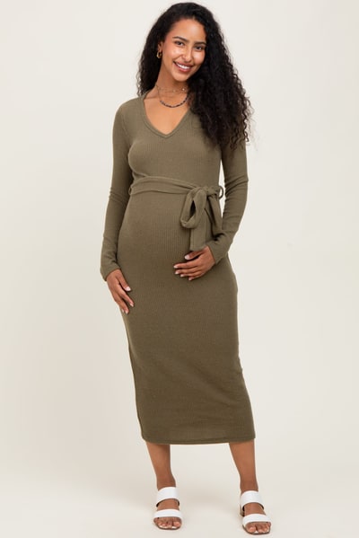 PinkBlush Light Olive Solid Brushed Rib Long Sleeve V-Neck Fitted Maternity Midi Dress