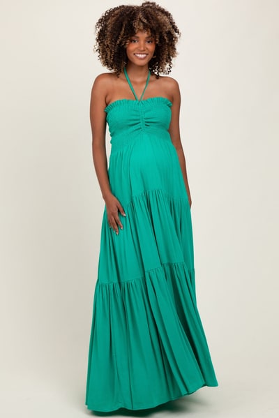 PinkBlush Green Smocked Halter Tiered Maternity Maxi Dress