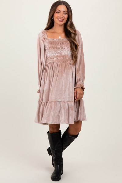 PinkBlush Light Taupe Velvet Smocked Long Sleeve Maternity Dress