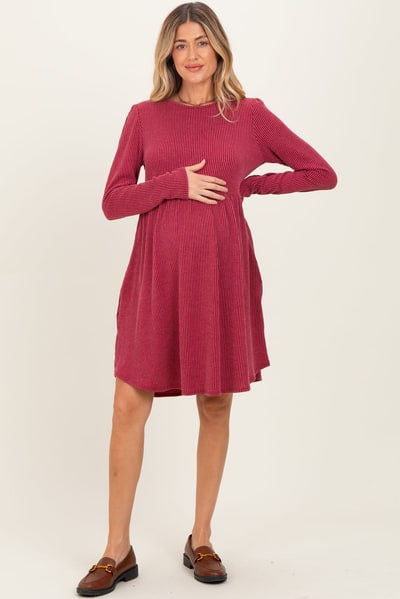 PinkBlush Dark Red Textured Rib Long Sleeve Maternity Dress