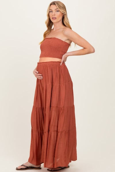 PinkBlush Rust Smocked Tube Top Tiered Skirt Maternity Set