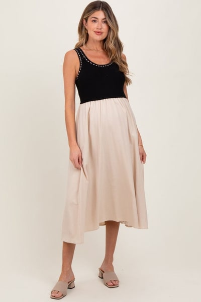 PinkBlush Black Ribbed Top Contrast Sleeveless Maternity Midi Dress