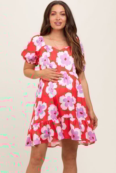 PinkBlush Red Floral Ruffle Hem Maternity Dress