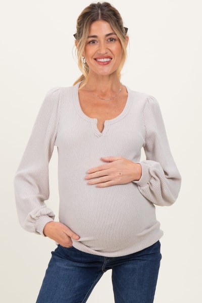 PinkBlush Beige Solid Ribbed Long Sleeve V-Neck Maternity Tunic Top