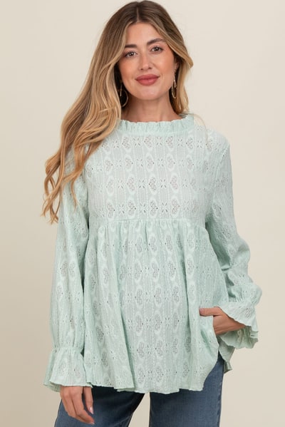 PinkBlush Mint Green Lace Ruffled Neck Maternity Top