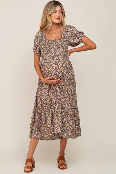 PinkBlush Mocha Floral Smocked Puff Sleeve Maternity Midi Dress