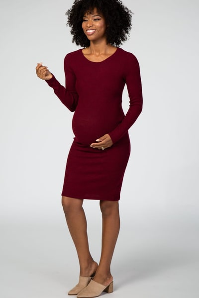 PinkBlush Burgundy Knit Long Sleeve Maternity Sweater Dress