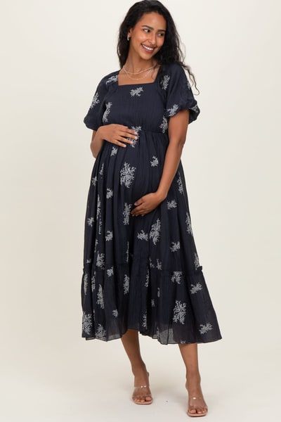 PinkBlush Navy Floral Embroidered Puff Sleeve Maternity Midi Dress