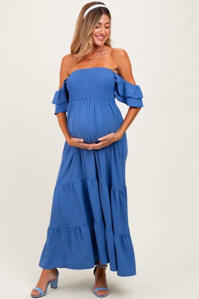 PinkBlush Blue Ruffle Tiered Maternity Maxi Dress