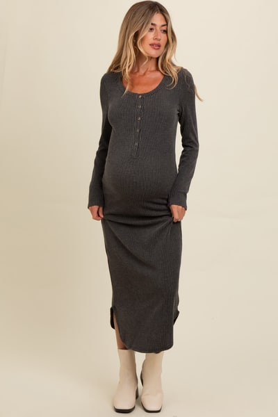 PinkBlush Charcoal Button Up Ribbed Knit Long Sleeve Maternity Midi Dress