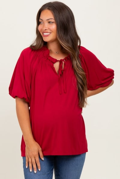 PinkBlush Burgundy  Half Balloon Sleeve Maternity Top