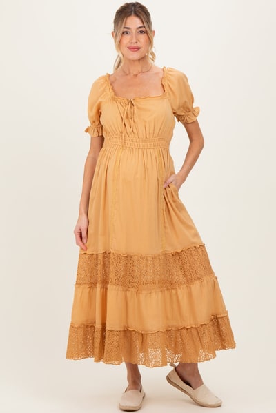 PinkBlush Gold Lace Contrast Paneled Maternity Maxi Dress