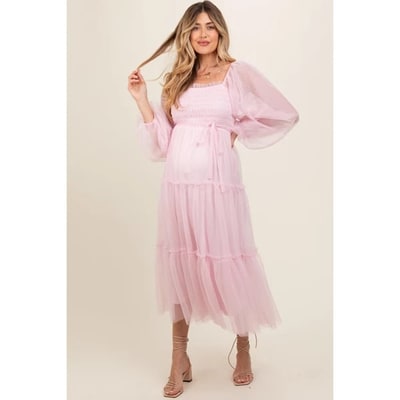 Target Pinkblush Pink Mesh Tiered Long Sleeve Maternity Maxi Dress Medium