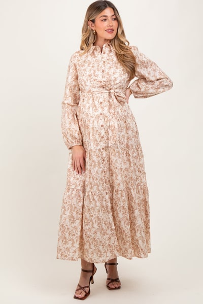 PinkBlush Mocha Cotton Toile Print Button Down Maternity Maxi Dress
