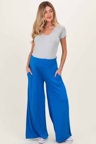 PinkBlush Blue Smocked Waist Wide Leg Maternity Pants