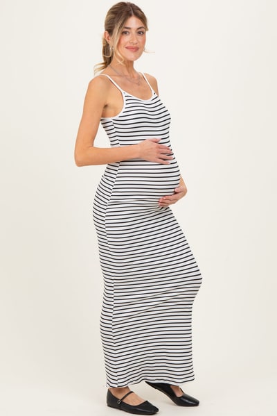 PinkBlush White Ribbed Knit Striped Sleeveless Maternity Maxi Dress