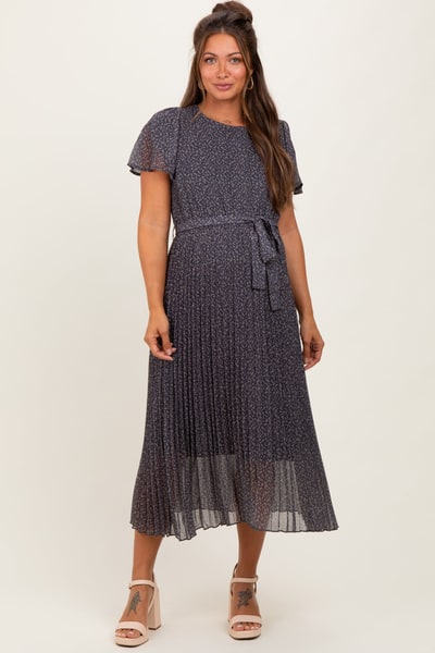 PinkBlush Grey Leaf Print Pleated Maternity Midi Dress