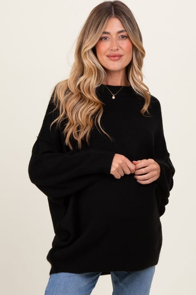 PinkBlush Black Oversized Crewneck Melange Knit Maternity Sweater