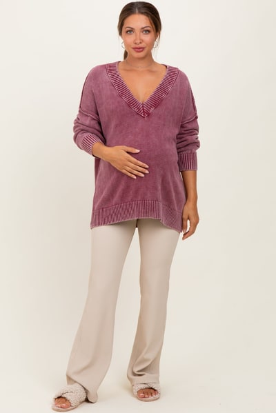 PinkBlush Burgundy Vintage Wash Oversized V-Neck Maternity Sweater
