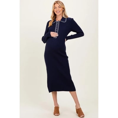 Target Pinkblush Navy Contrast Stitch Maternity Midi Sweater Dress Small